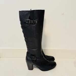 BOC Boots Womens 9 Black Leather Buckle Knee High Zipper Block Low Heel Comfort